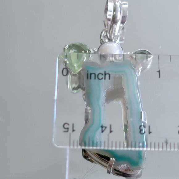Green Druzy Geode Pendant, Sterling Silver Gemstone Necklace, Prehnite and Pearl - Picture 5 of 10